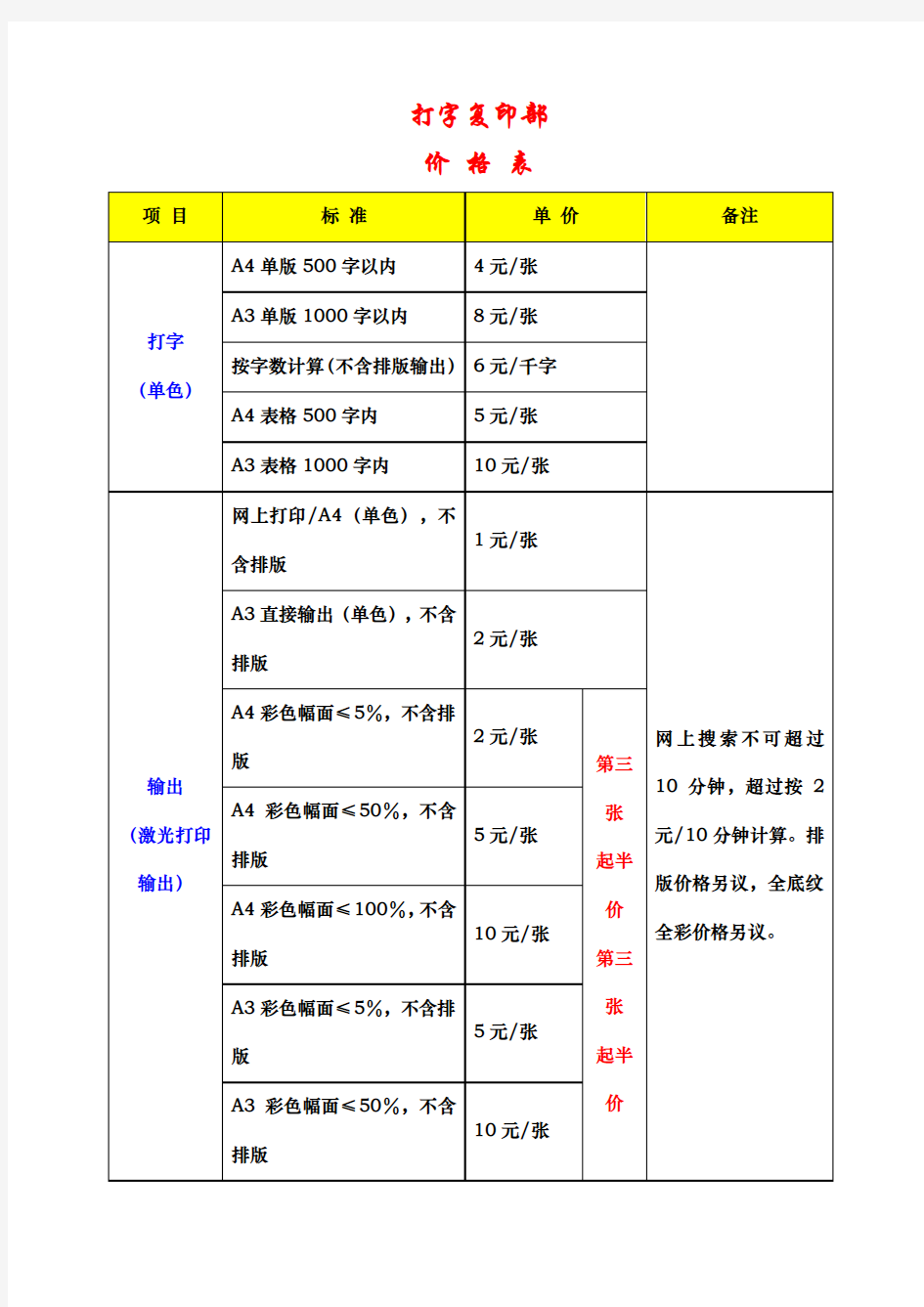 打字复印收费标准1