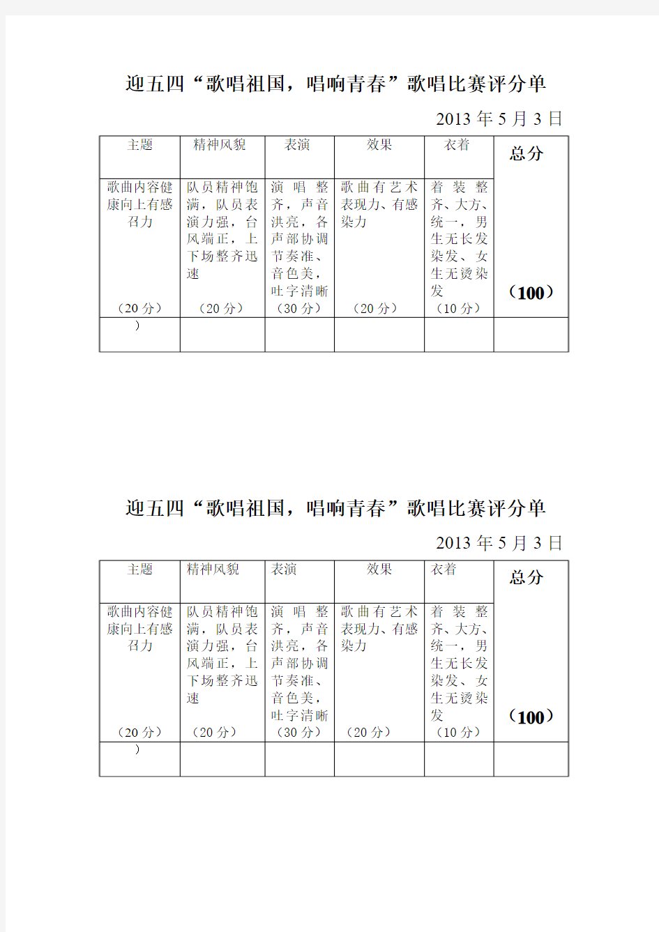 迎五四大合唱评分单