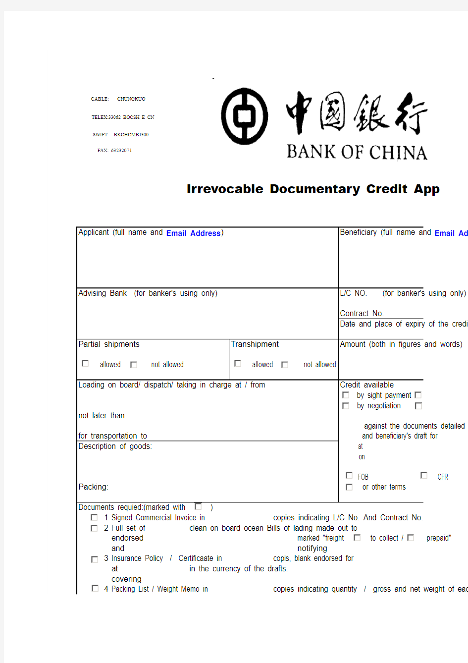 Irrevocable Documentary Credit Application