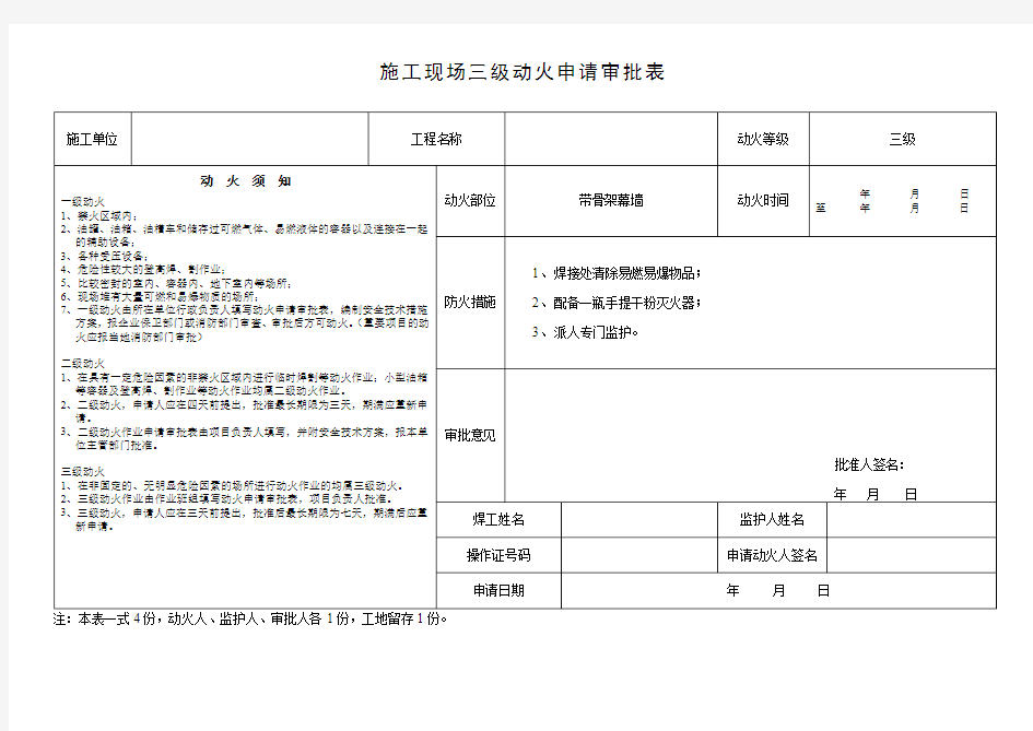 三级动火审批表