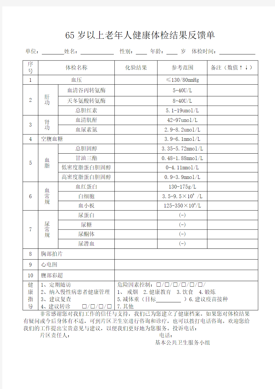 65岁以上老年人健康体检反馈单