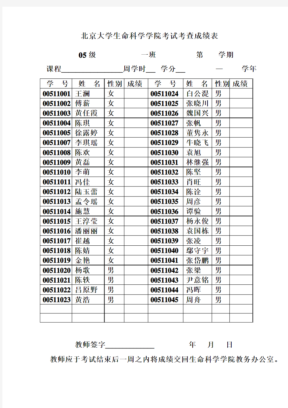 北京大学生命科学学院考试考查成绩表