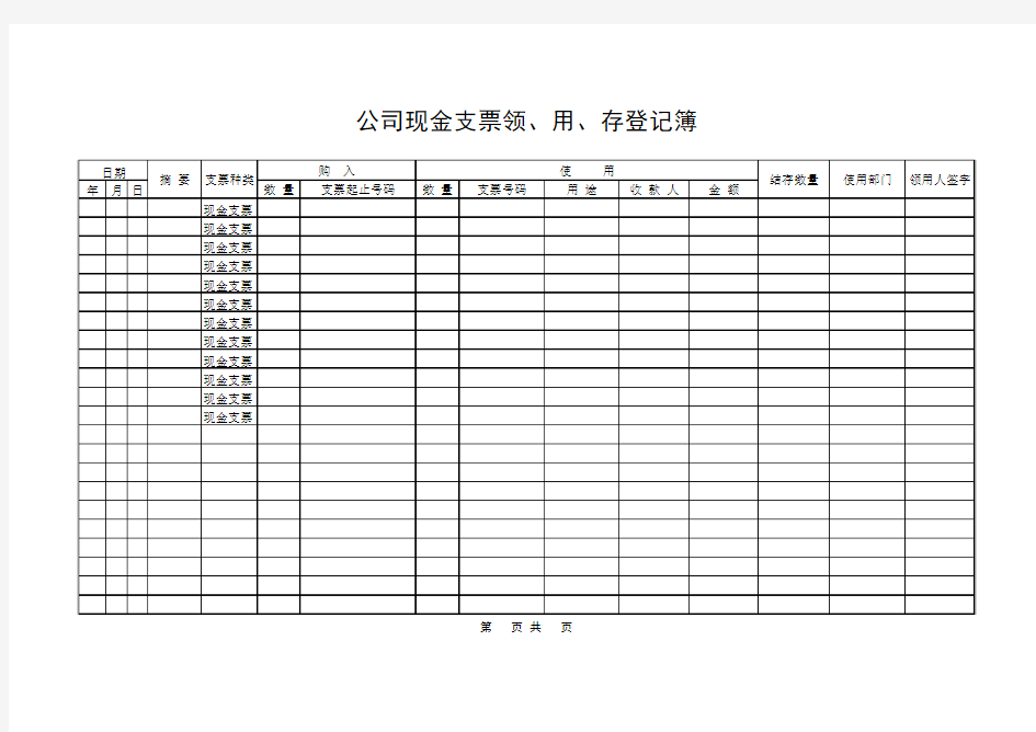 支票领用存登记簿