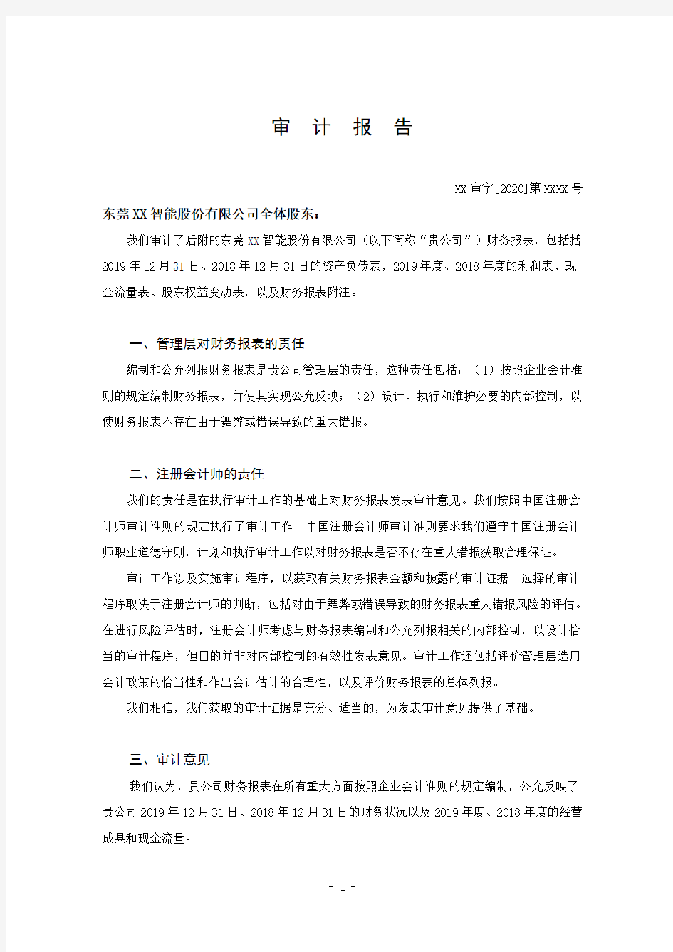 XX智能股份有限公司财务报表审计报告及附注(最新)