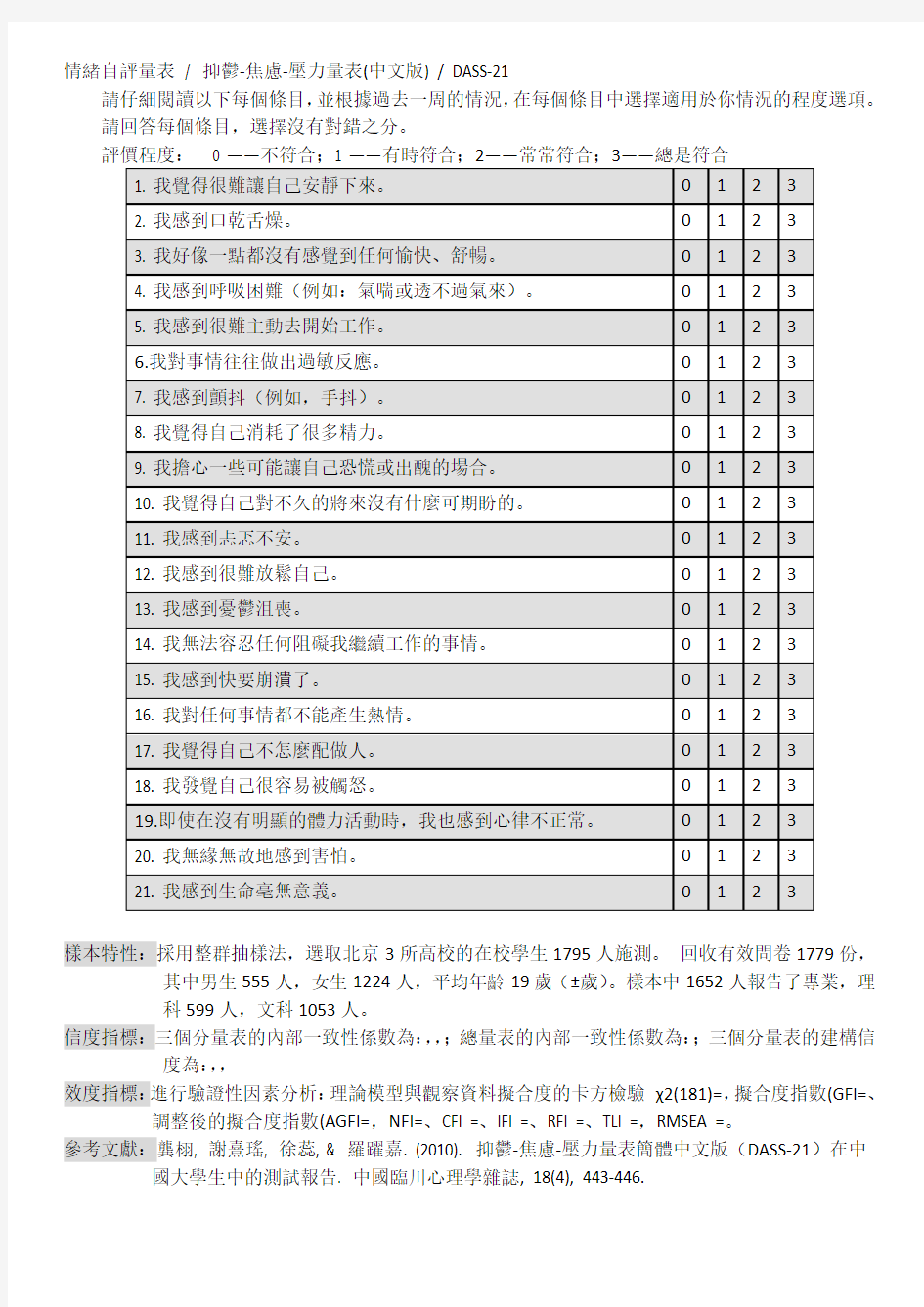 情绪自评量表(DASS-21), 抑郁-焦虑-压力量表