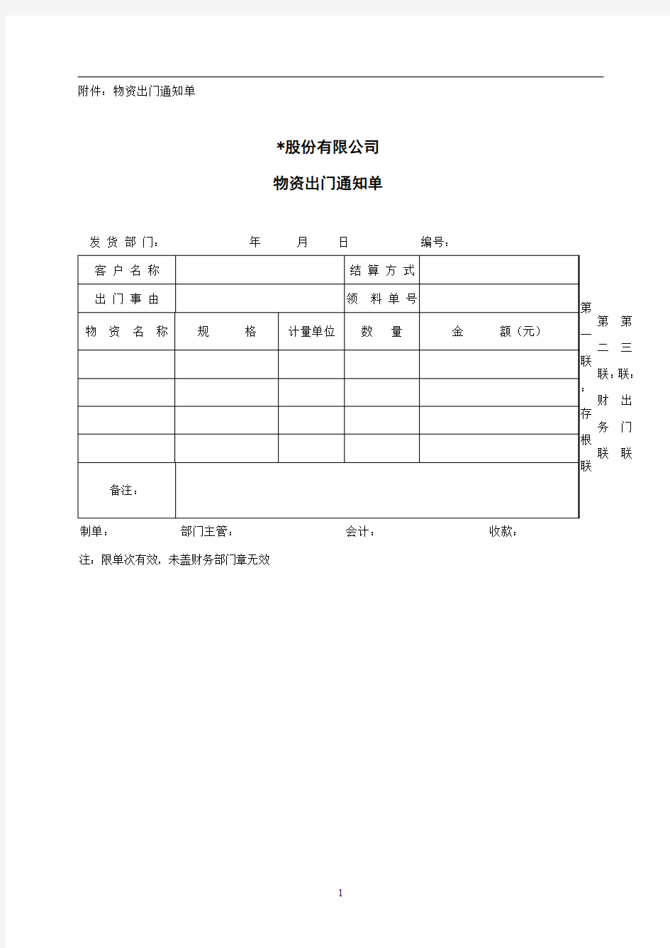 物资出门通知单