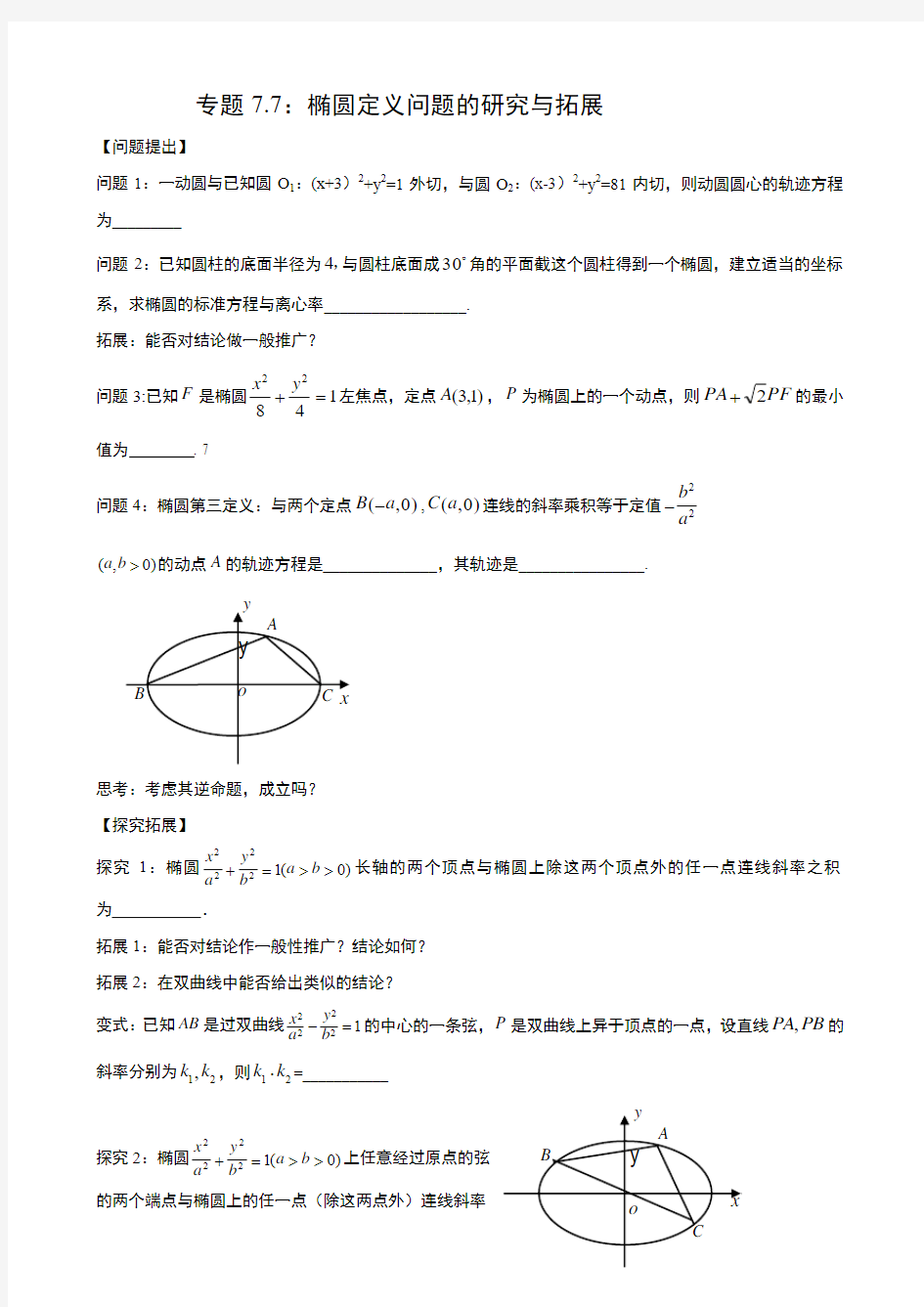 专题7.7：椭圆定义问题的研究与拓展