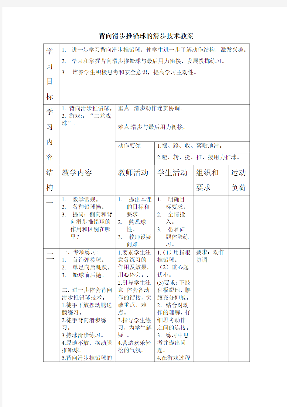 背向滑步推铅球的滑步技术教案