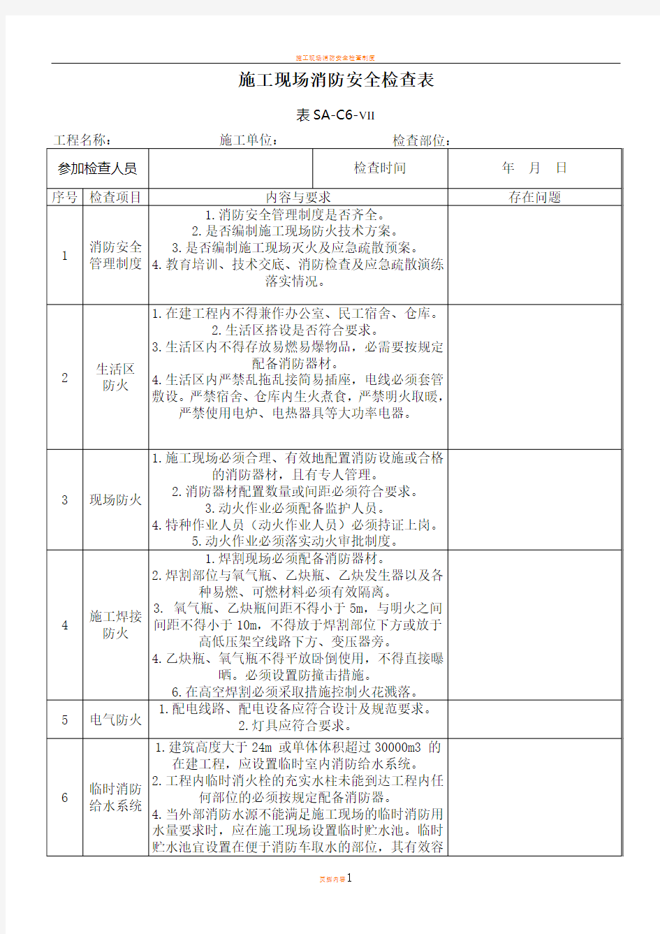 施工现场消防安全检查表