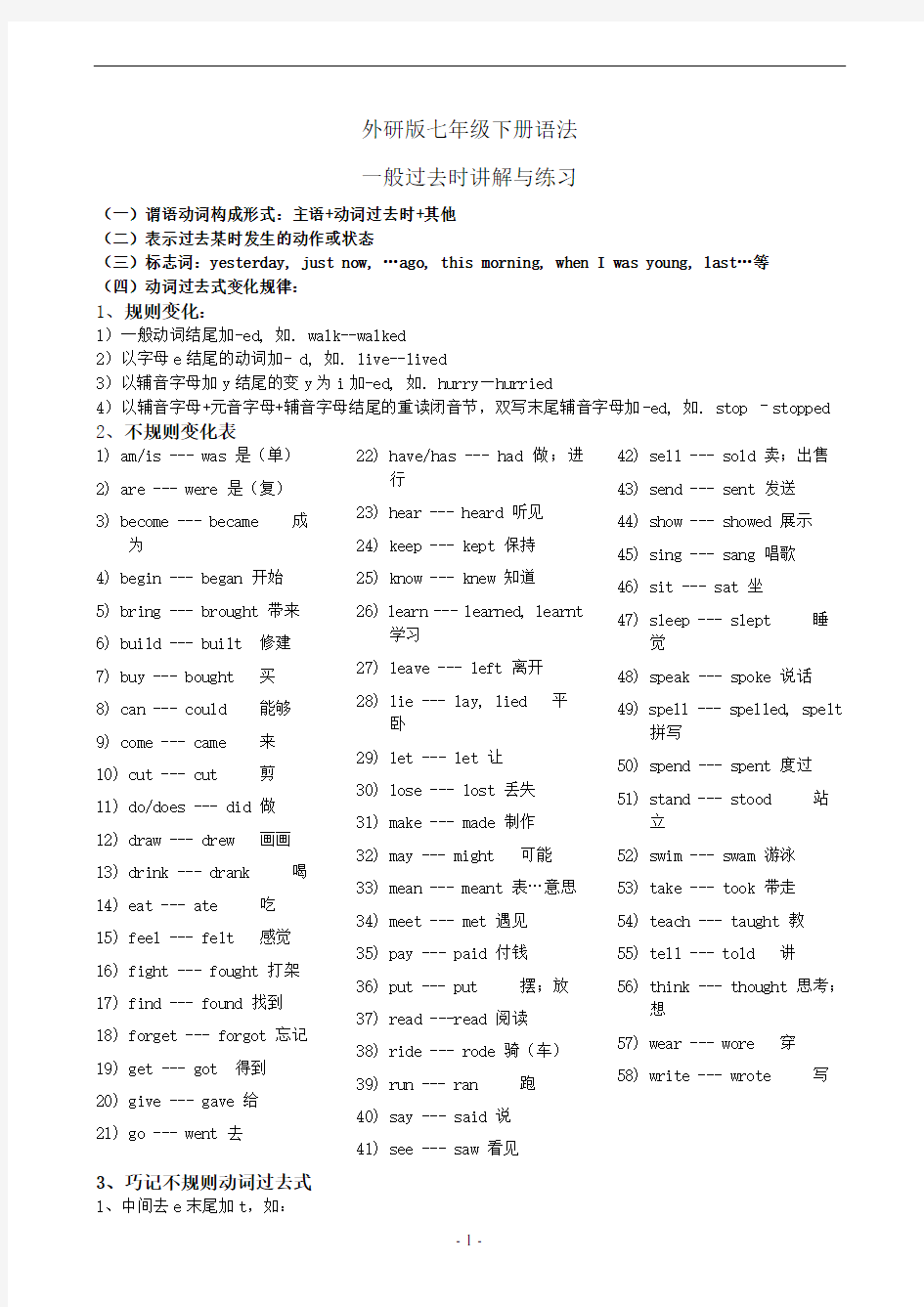 (完整)外研版七年级下册一般过去时讲解与练习试题