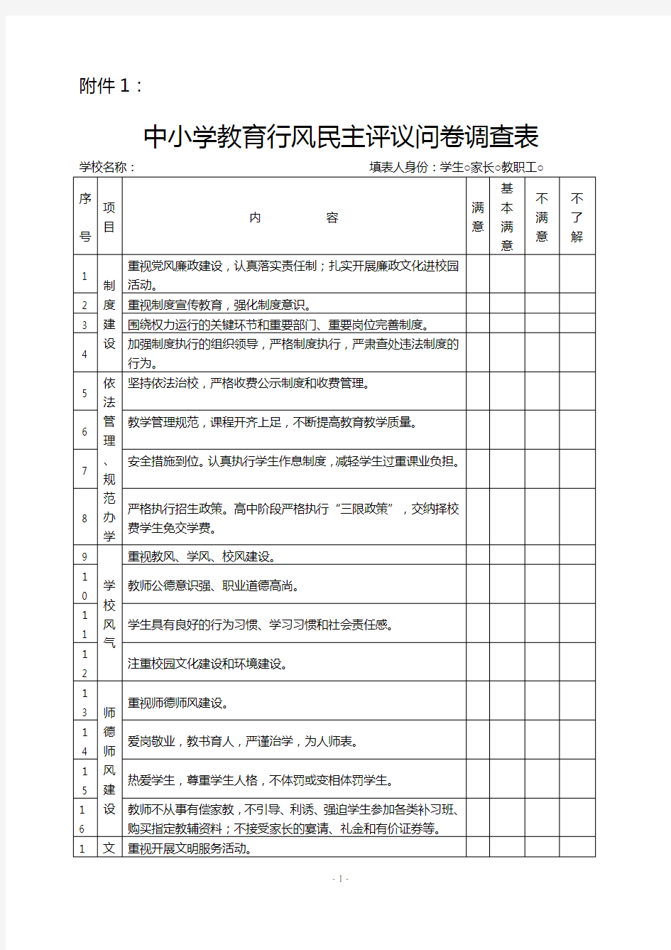 中小学教育行风民主评议问卷调查表