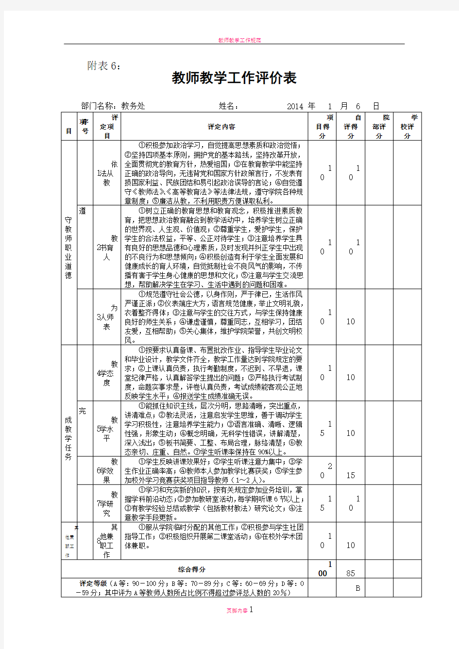 教师教学工作评价表