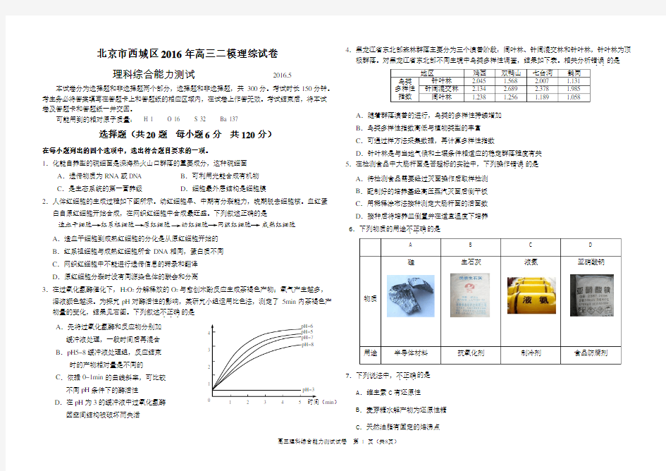 北京市西城区2016年高三二模理综试卷-Word版含答案分析