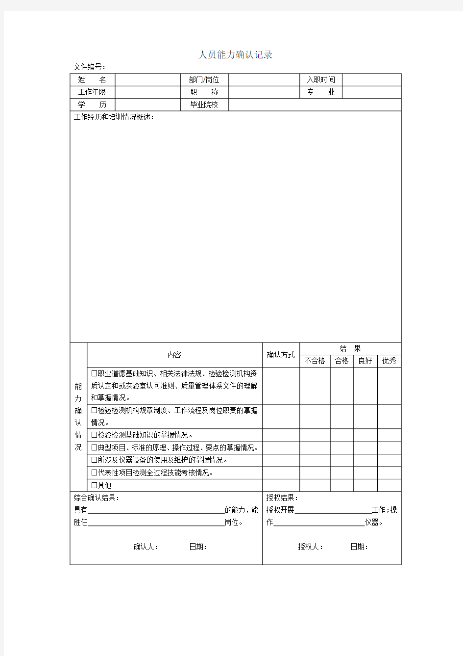 检验检测机构人员能力确认记录