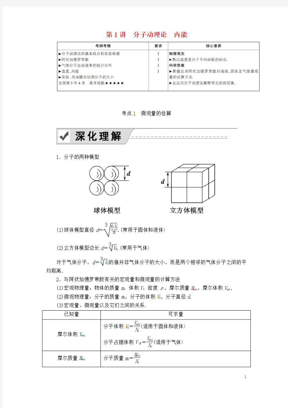 2020版高考物理一轮复习第1讲分子动理论内能教案新人教版选修3_3