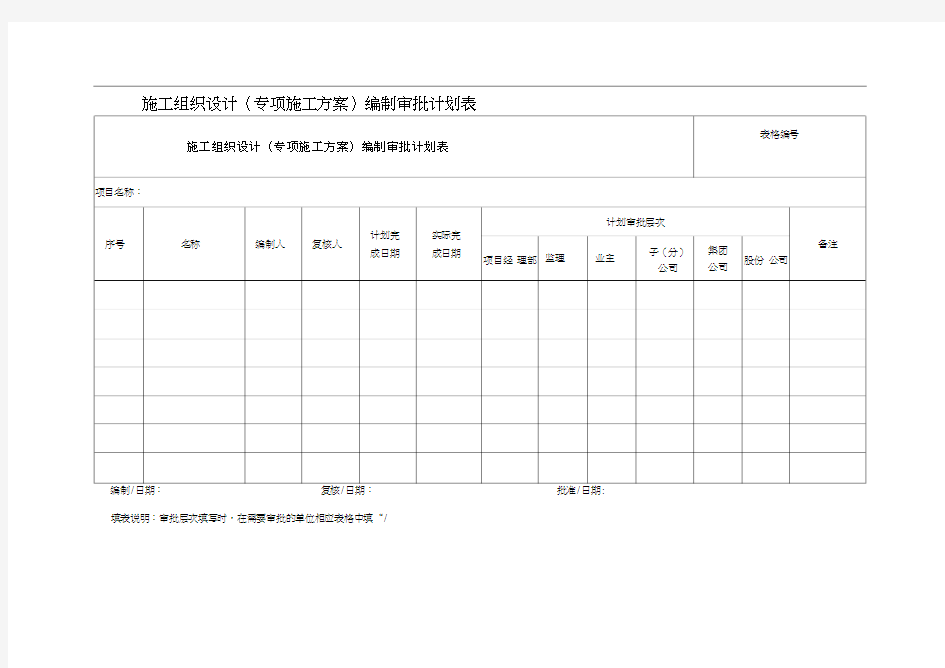 专项施工方案编制审批计划表