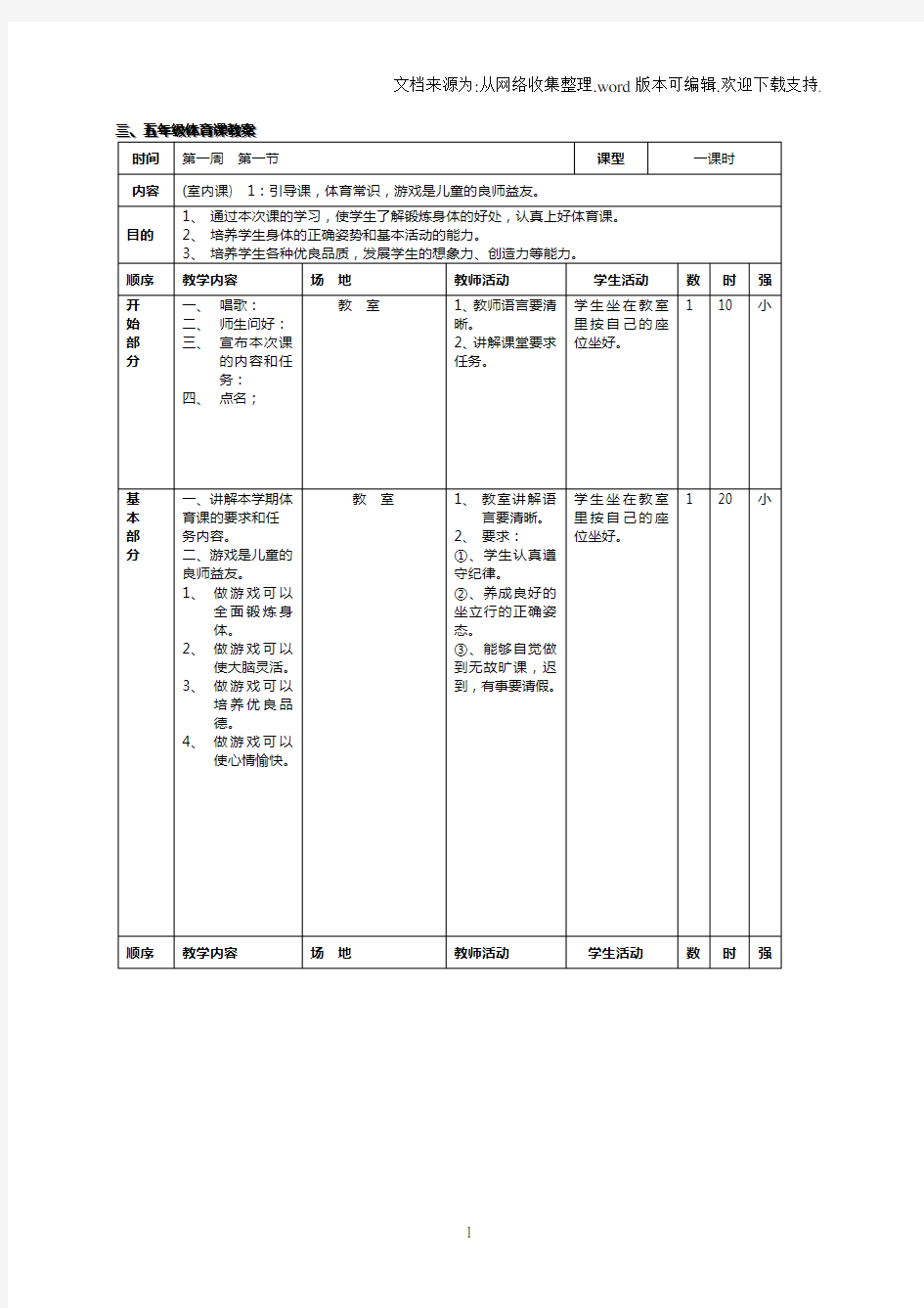 小学五年级体育课教案全册