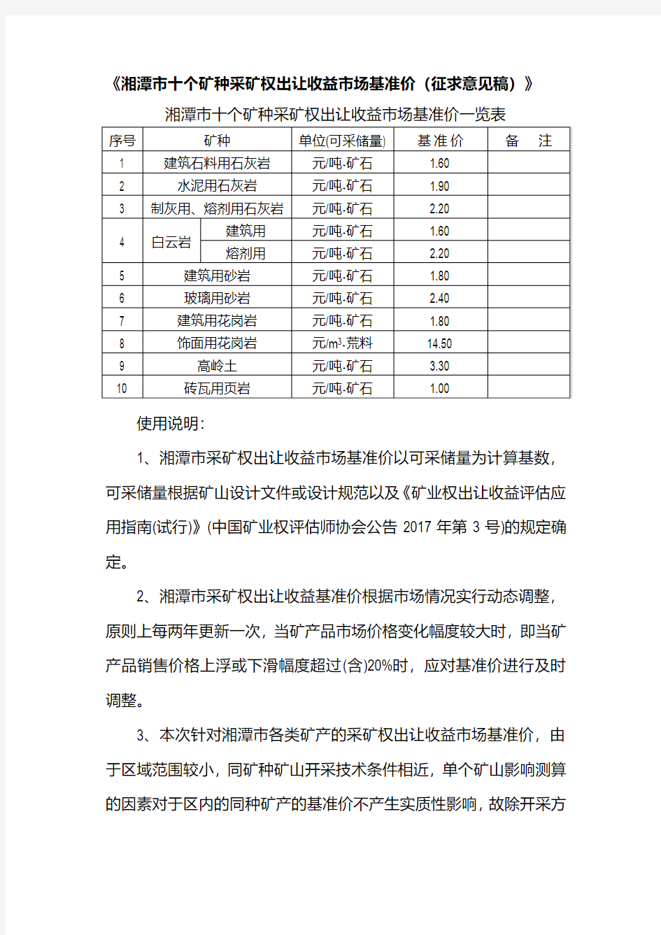 《湘潭市十个矿种采矿权出让收益市场基准价(征求意见稿)》