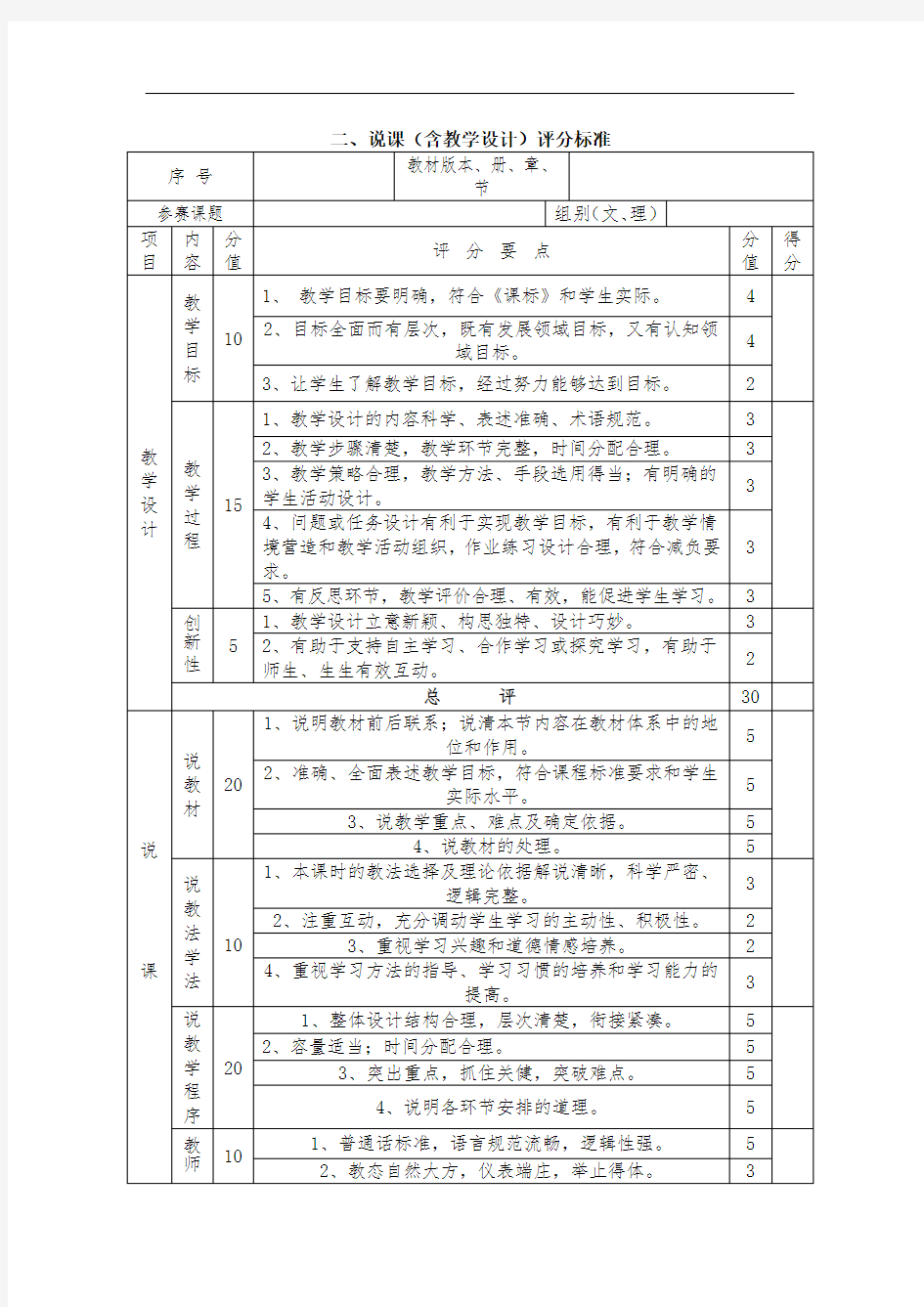 教师招聘教师招聘说课评分表