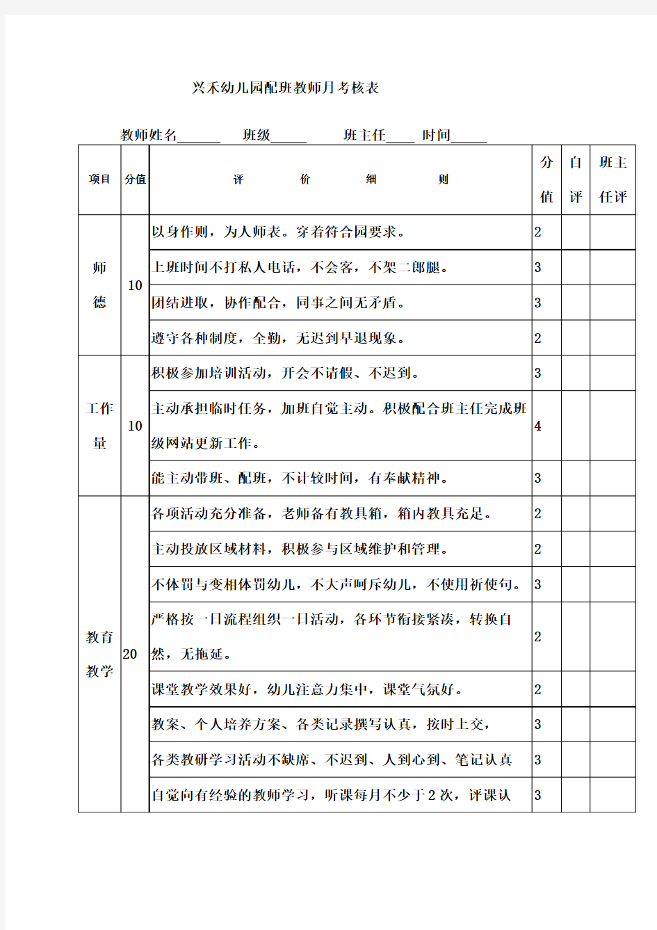 幼儿园配班教师考核表