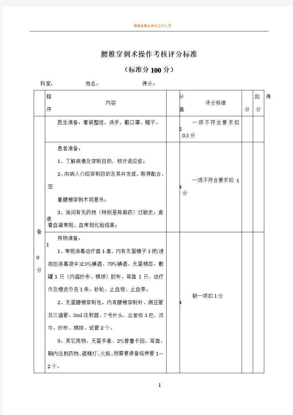 腰椎穿刺术操作考核评分标准