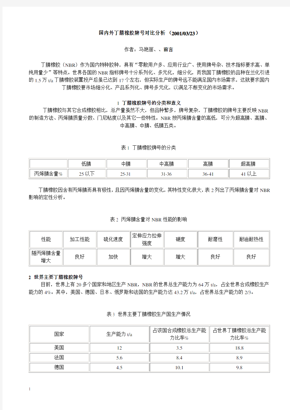 国内外丁腈橡胶牌 对比分析