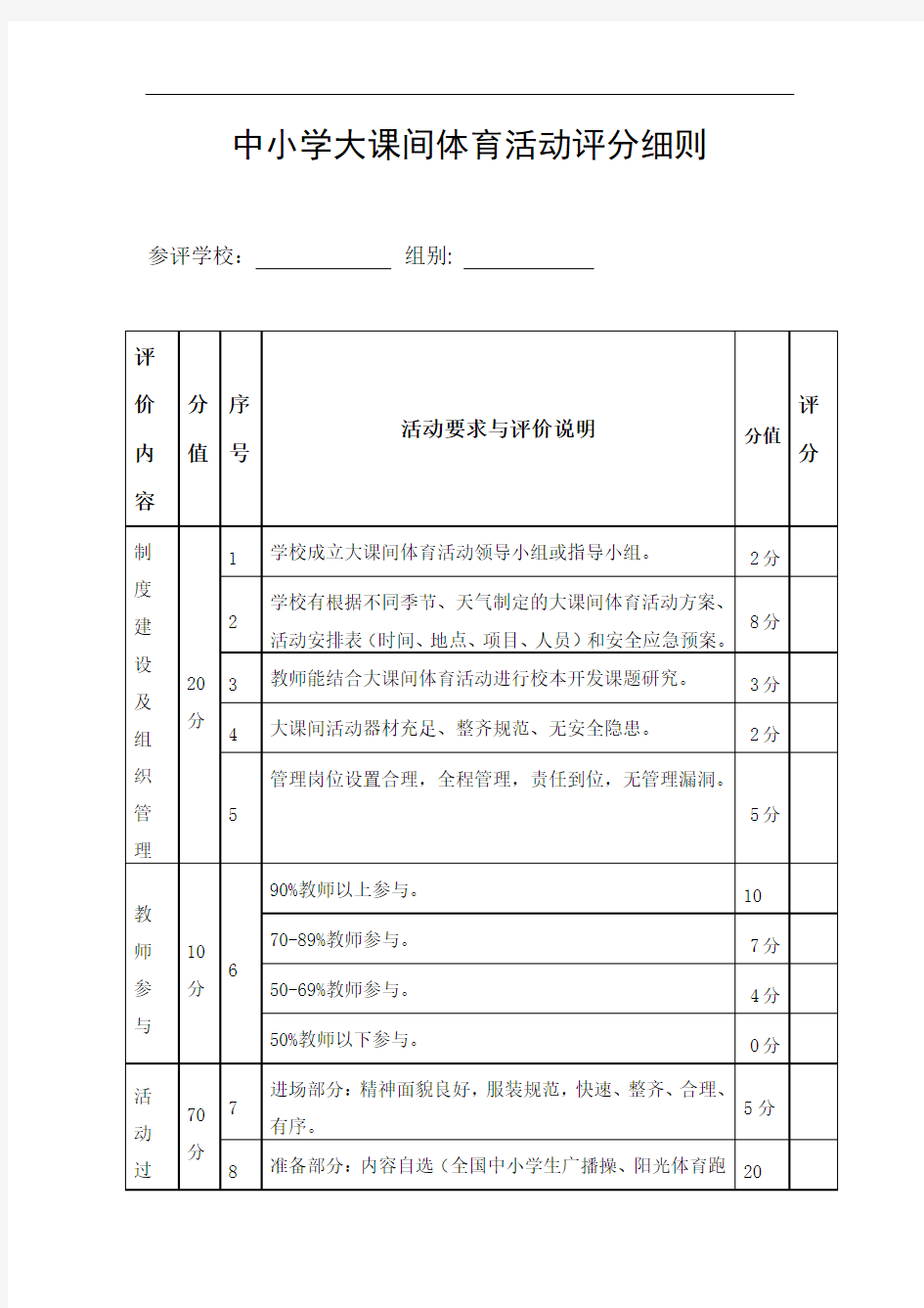 中小学大课间体育活动评分细则