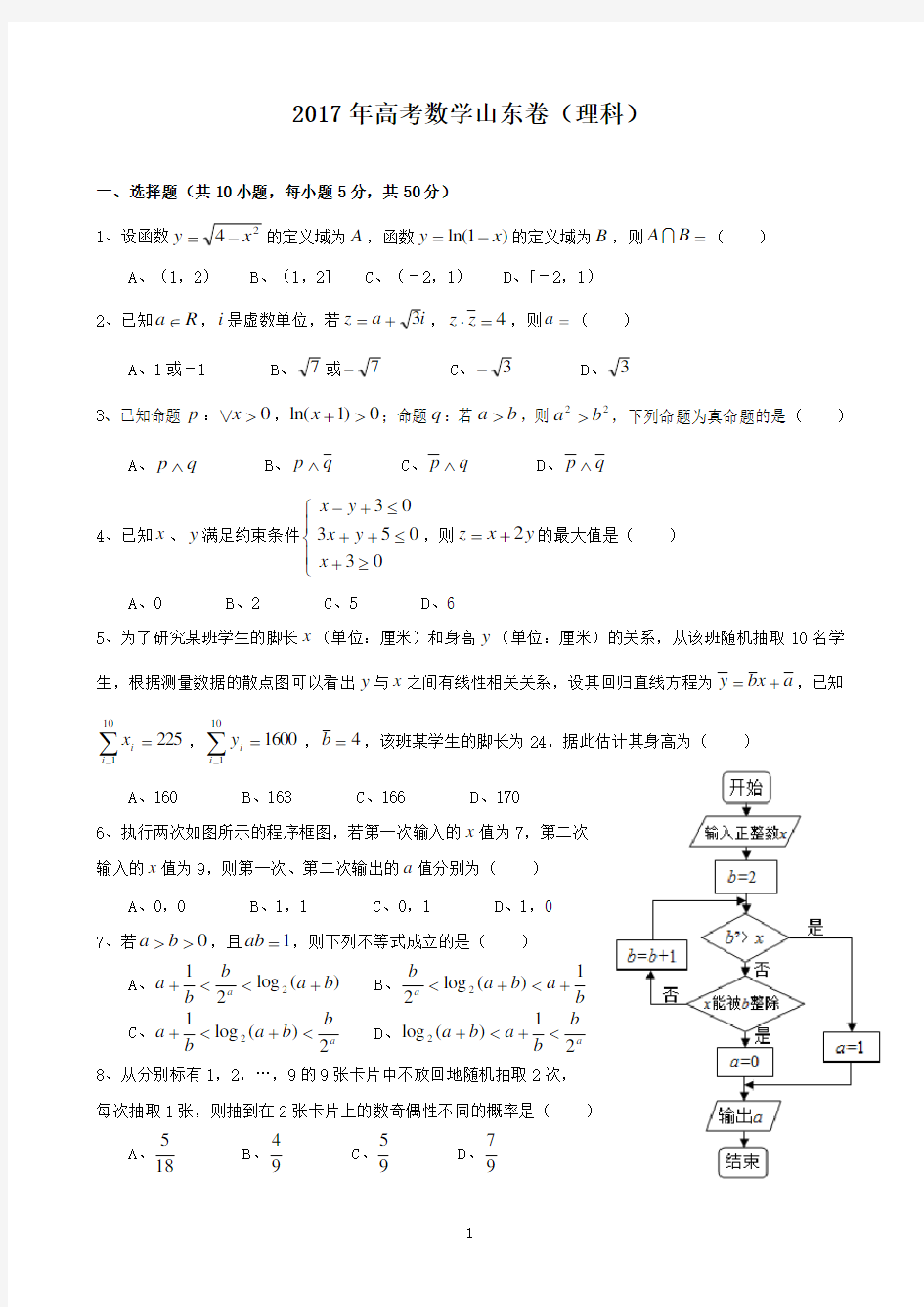 2017年山东省高考数学试卷(理科)