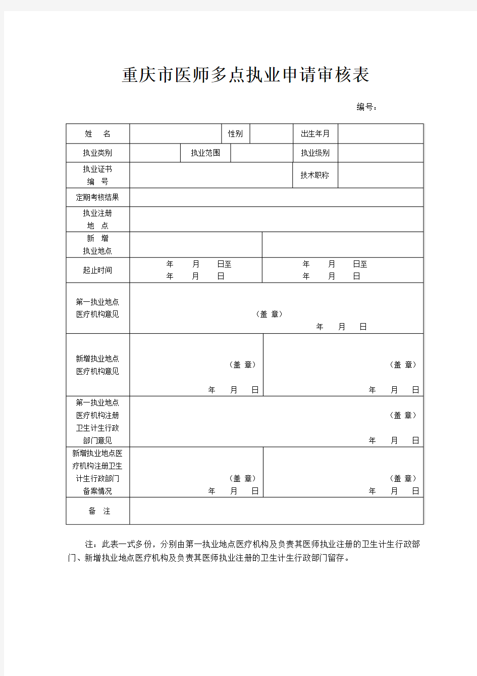 重庆市医师多点执业申请审核表