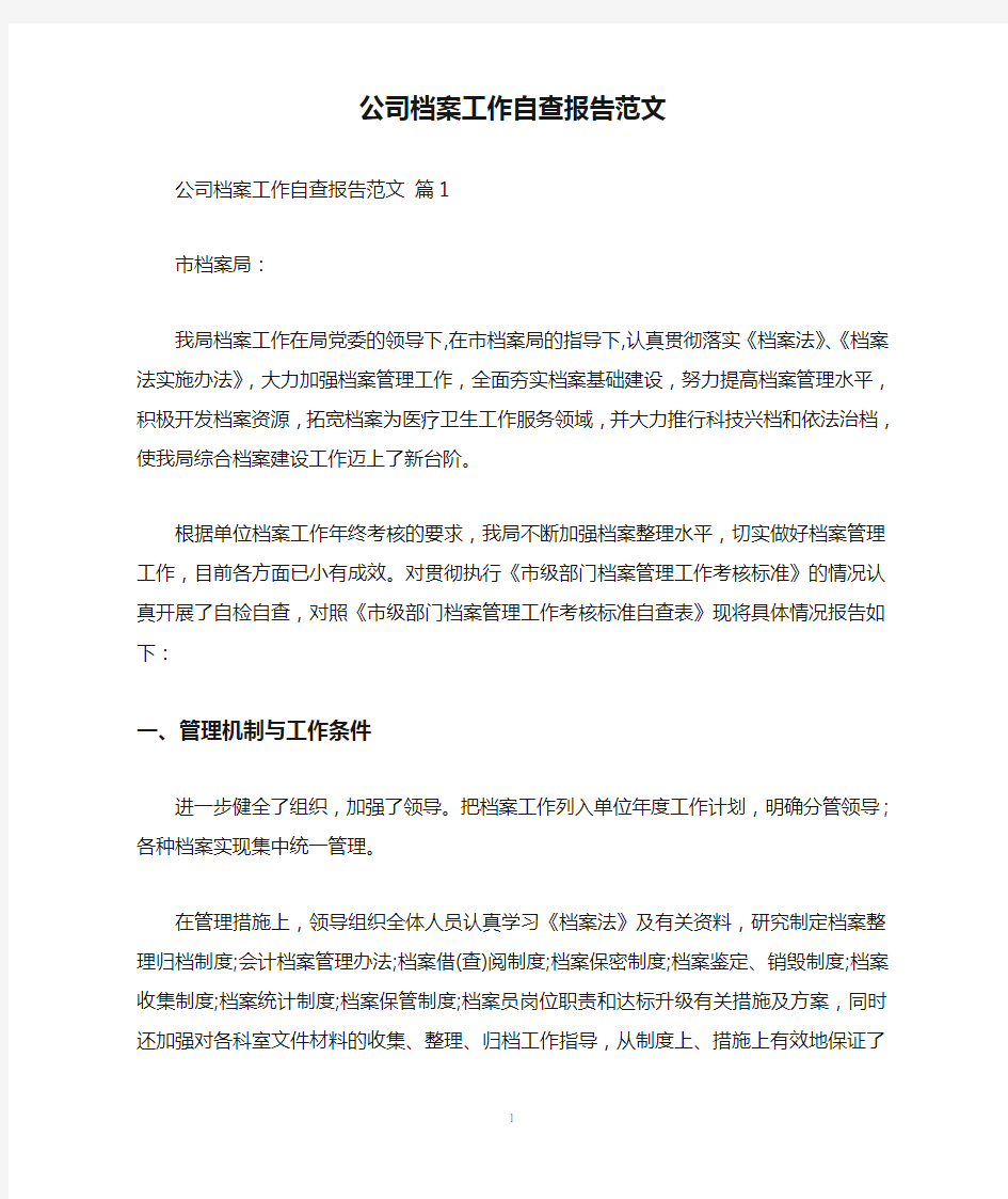 公司档案工作自查报告范文