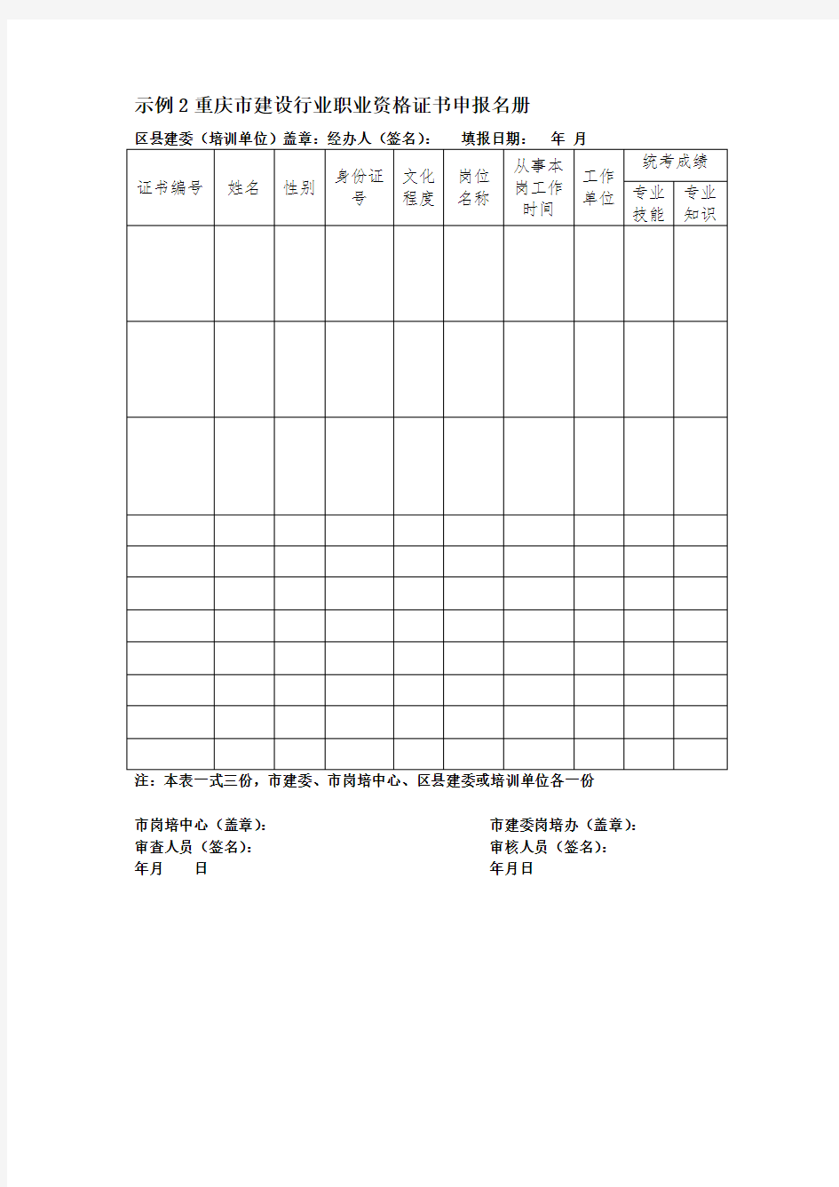 重庆市建设行业专业技术管理人员岗位证书申报名册(空表)