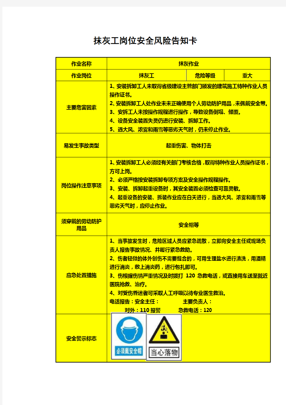 抹灰工岗位安全风险告知卡