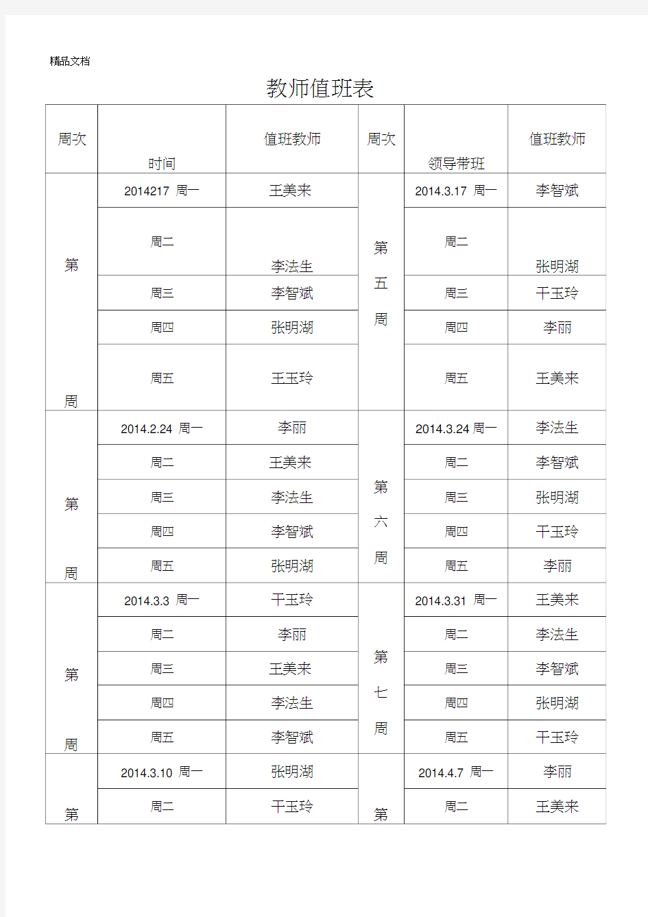 最新教师值班表