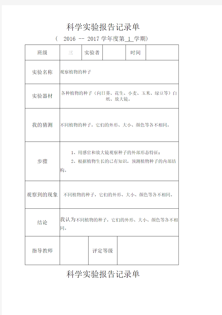 科学实验实验报告记录单