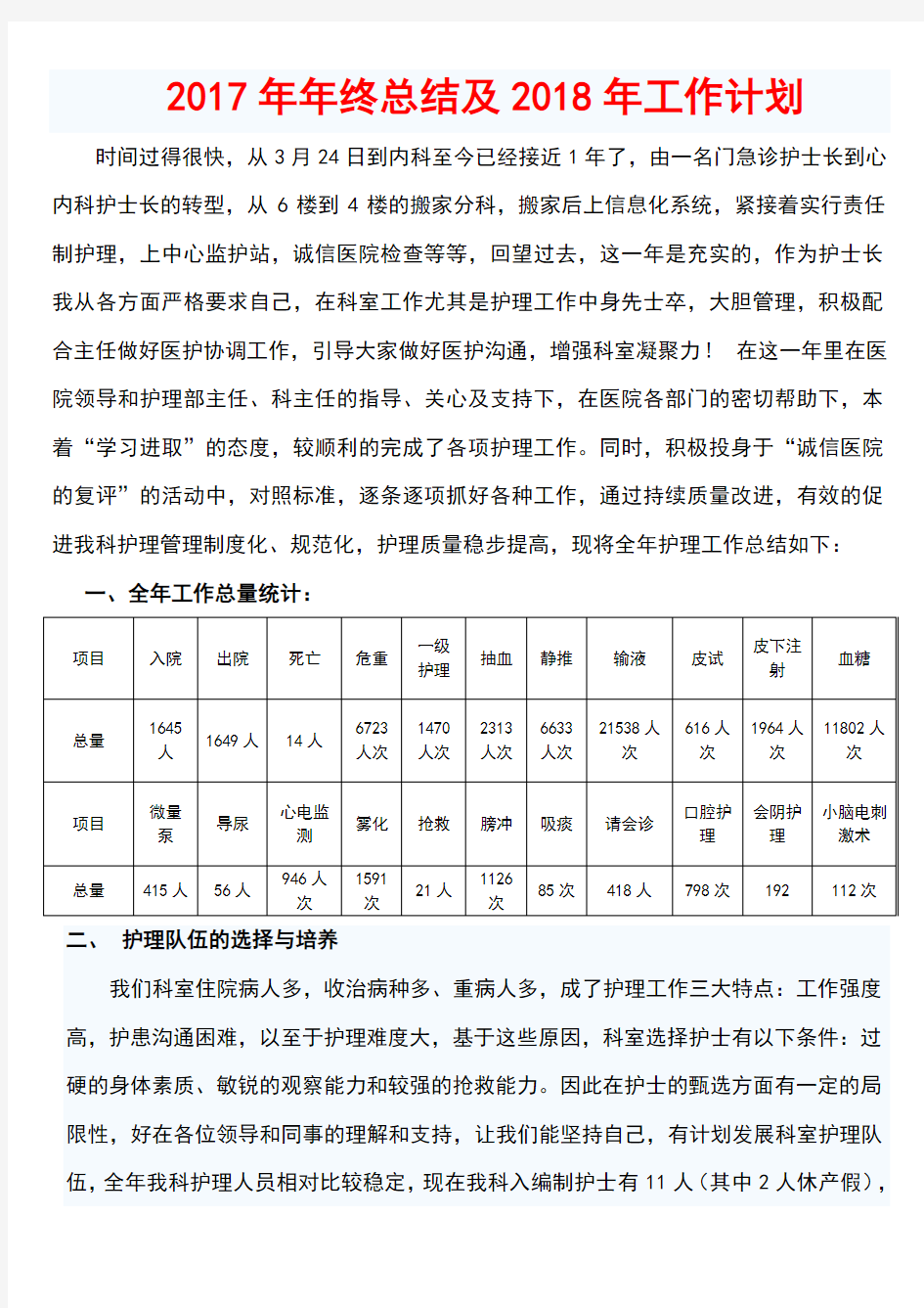 2017年(内科)护士长年终工作总结及明天计划