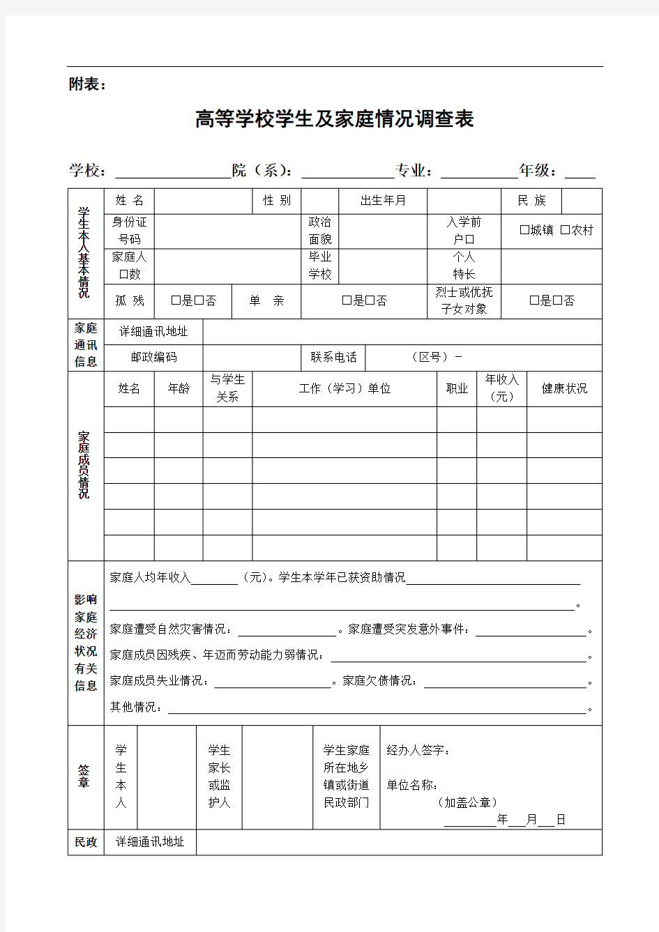 高等院校学生及家庭情况调查表