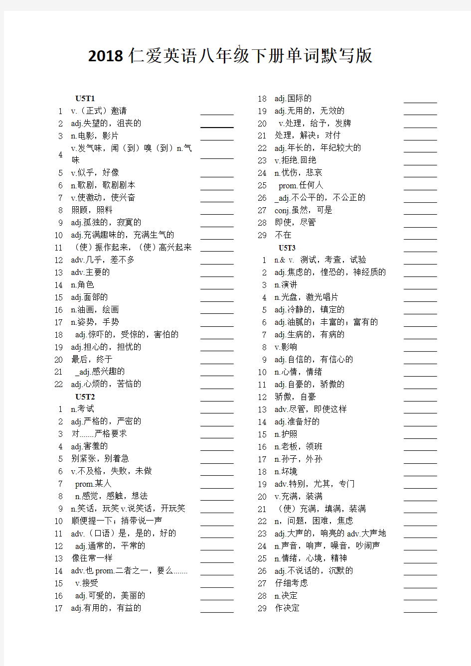 (完整版)2018最新仁爱英语八年级下册单词默写版(最新整理)