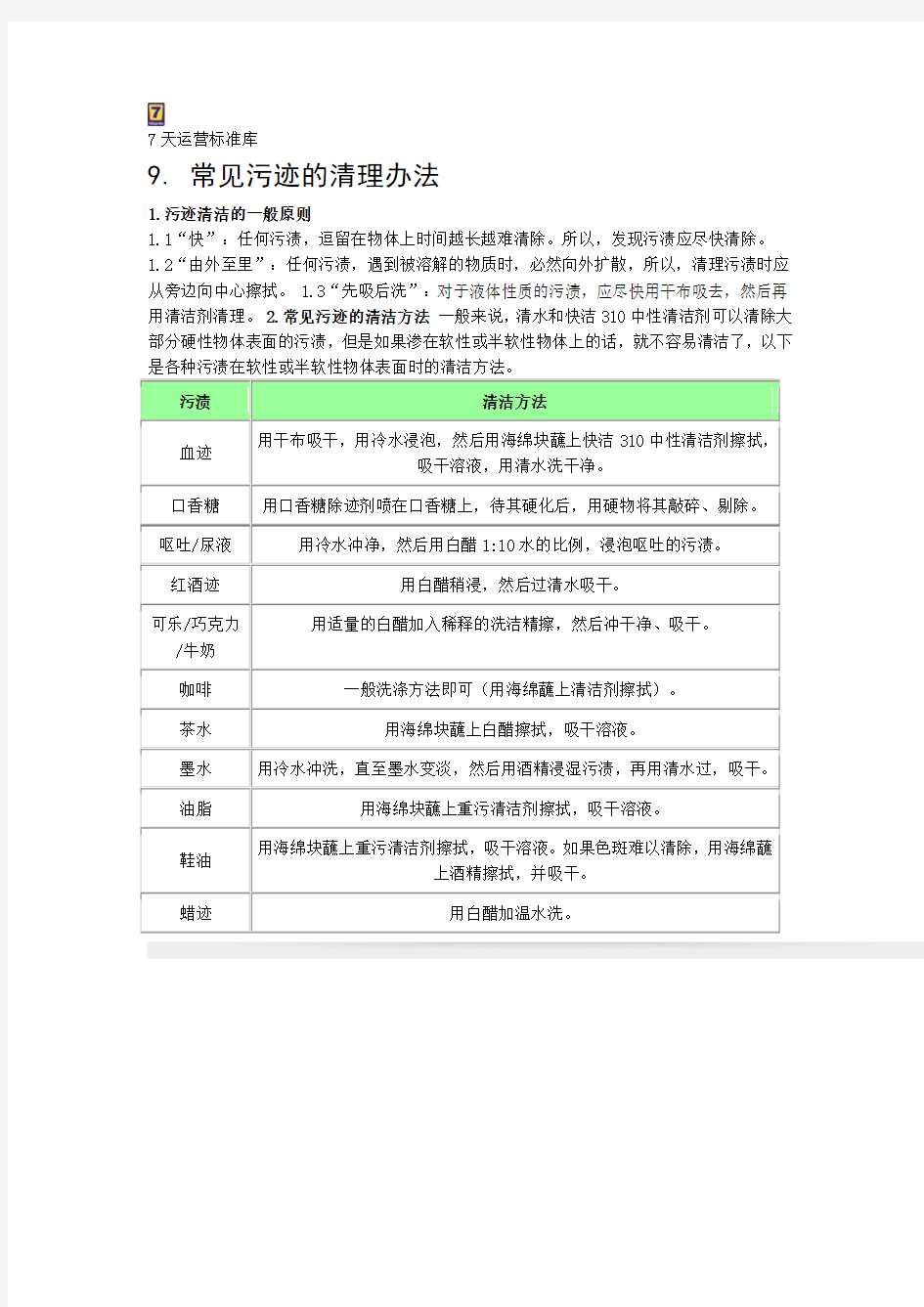 9. 常见污迹的清理办法