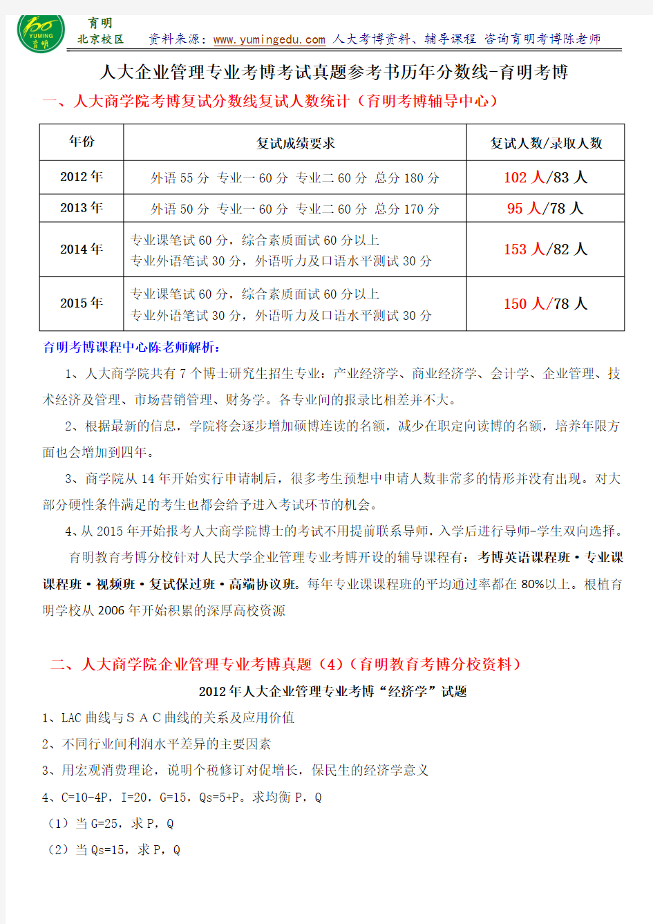 人大考博真题-企业管理专业考博备考须知考试真题参考书分数线资料复习经验学长联系方式-育明考研考博