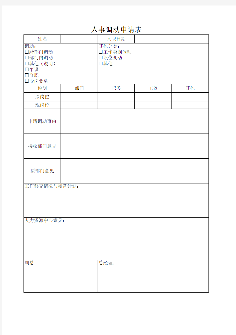 人事调动申请表