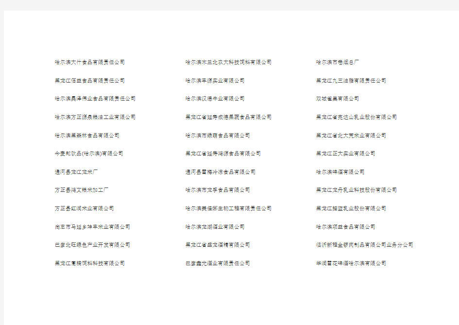 2011年哈尔滨市食品企业同仁公司名录汇总