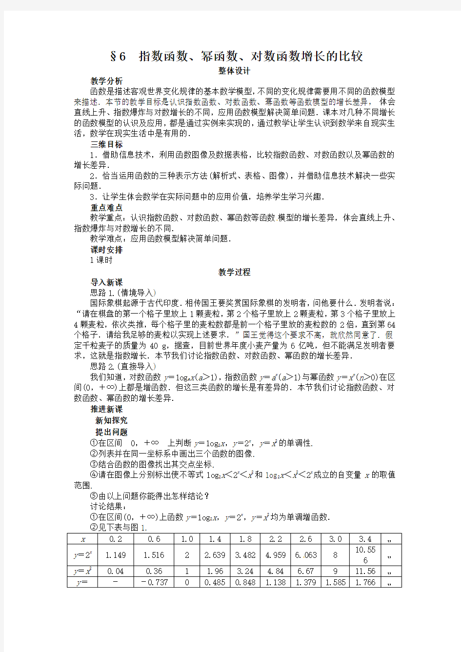 2013年秋北师大必修1示范教案3.6指数函数、幂函数、对数函数增长的比较