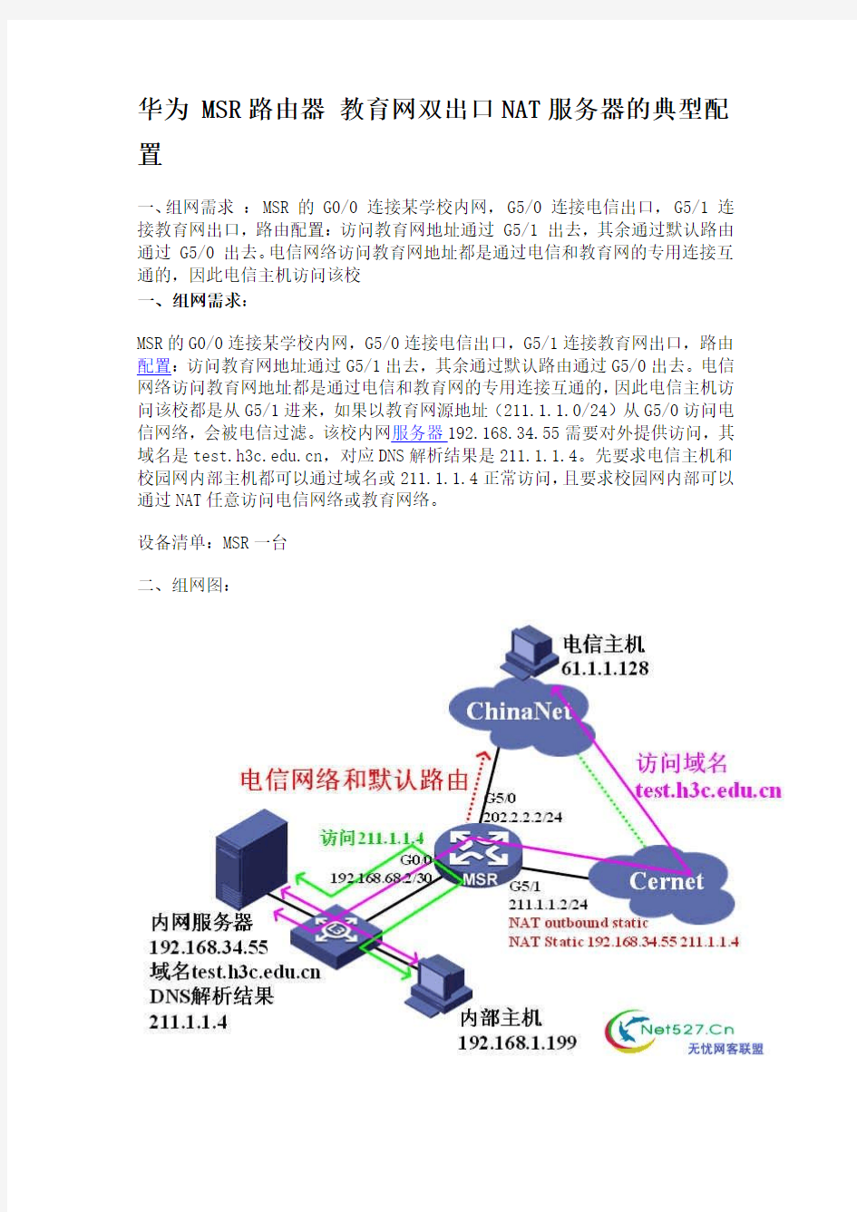 华为_MSR路由器_教育网双出口NAT服务器的典型配置