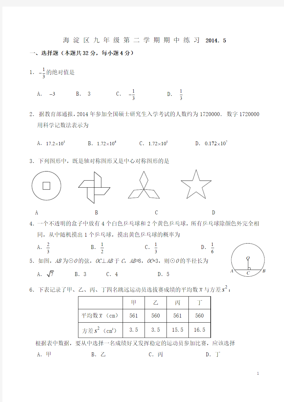 2014年北京市海淀区中考数学一模试题及答案