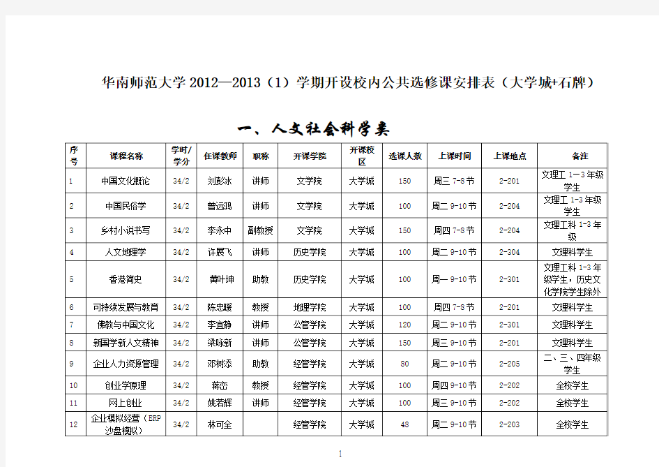 华南师范大学公选课课程