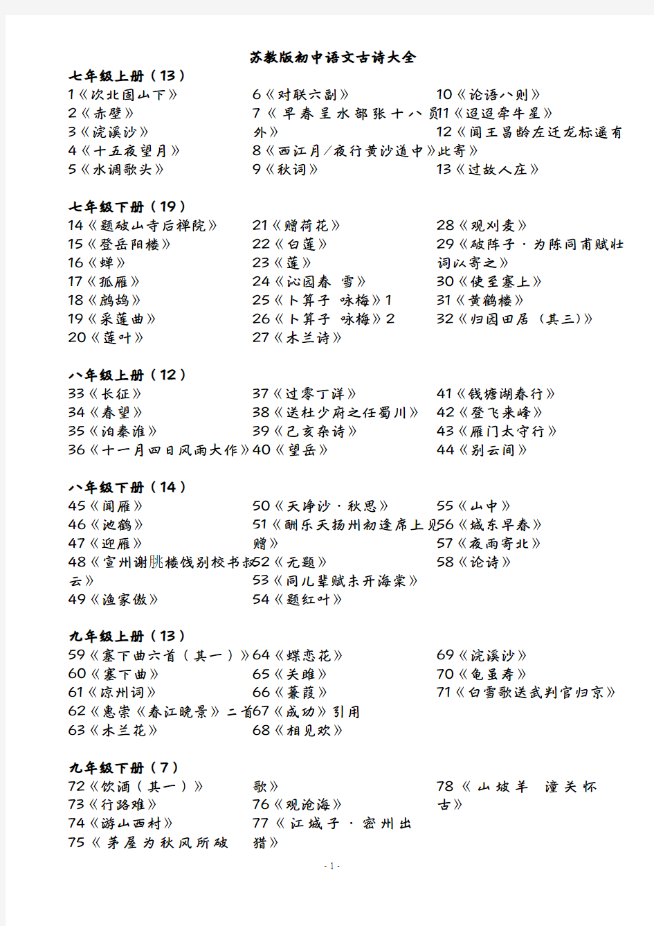 苏教版初中语文古诗大全