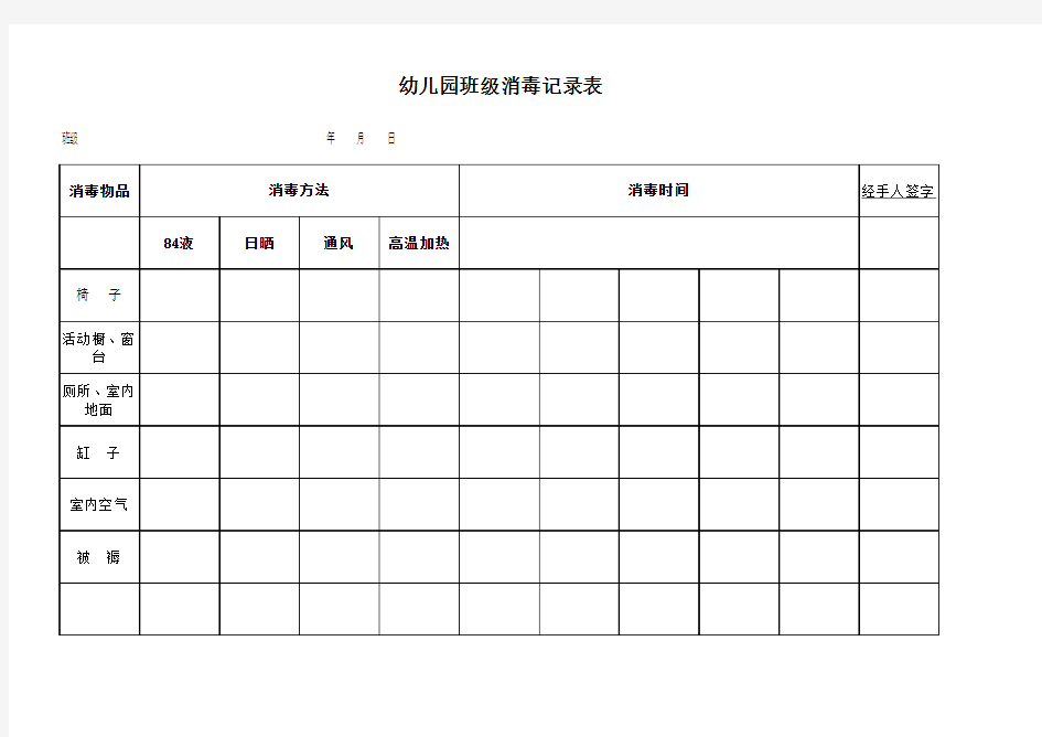 幼儿园物品消毒记录表