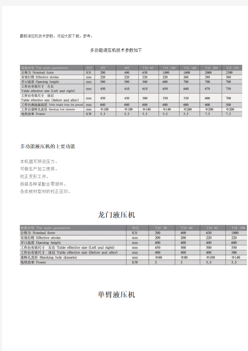 最新液压机的技术参数