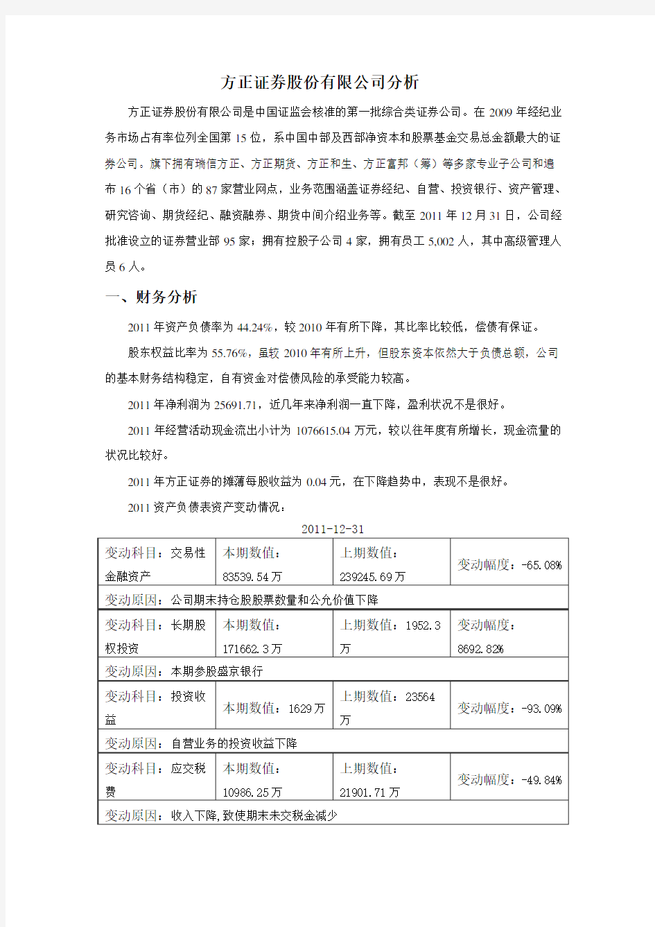 方正证券股份有限公司分析