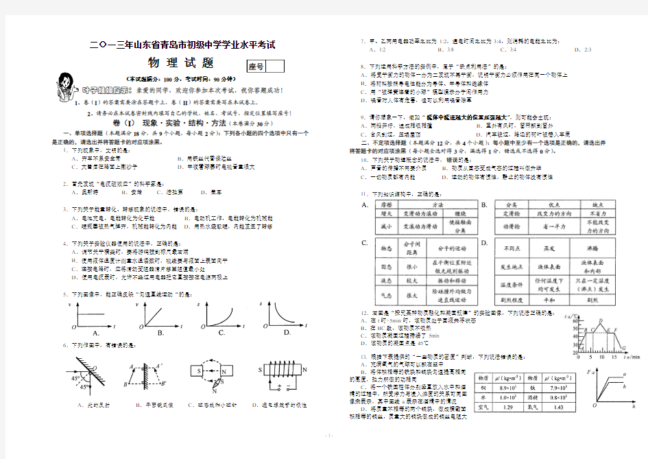 2013年青岛市中考物理试题(word版加答案)